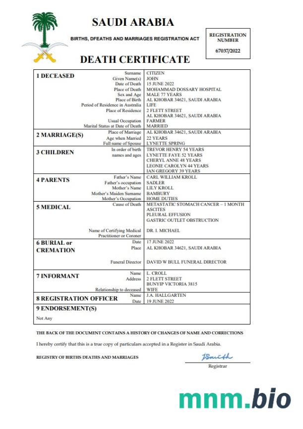 Saudi Arabia śmierć certyfikat Word i PDF szablon